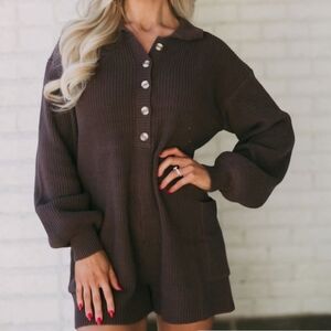 Blue Blush Cozy Brown Knit Button-Up Romper M